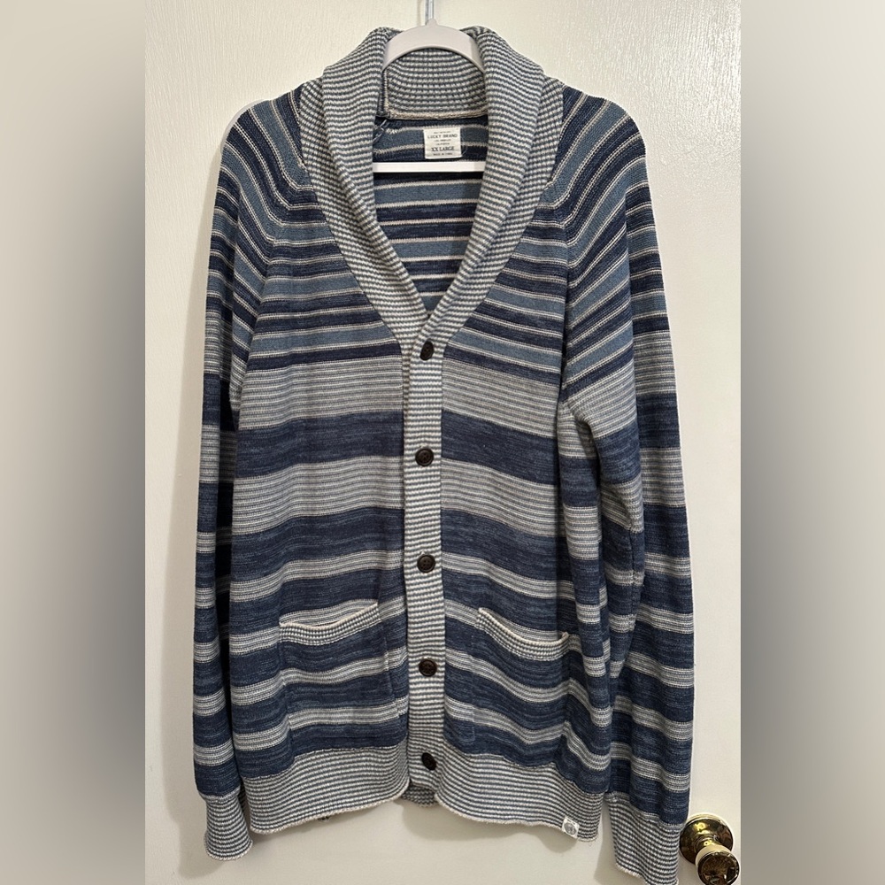 Lucky Brand Mens XXL Cardigan Sweater Shawl Collar Blue Stripe Pockets